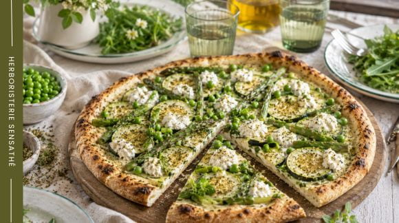 Pizza blanche aux légumes d'été garnie d'origan frais, ricotta, courgettes, asperges et petits pois - Herboristerie Sensathé Pizza blanche aux légumes d'été garnie d'origan frais, ricotta, courgettes, asperges et petits pois - Herboristerie Sensathé